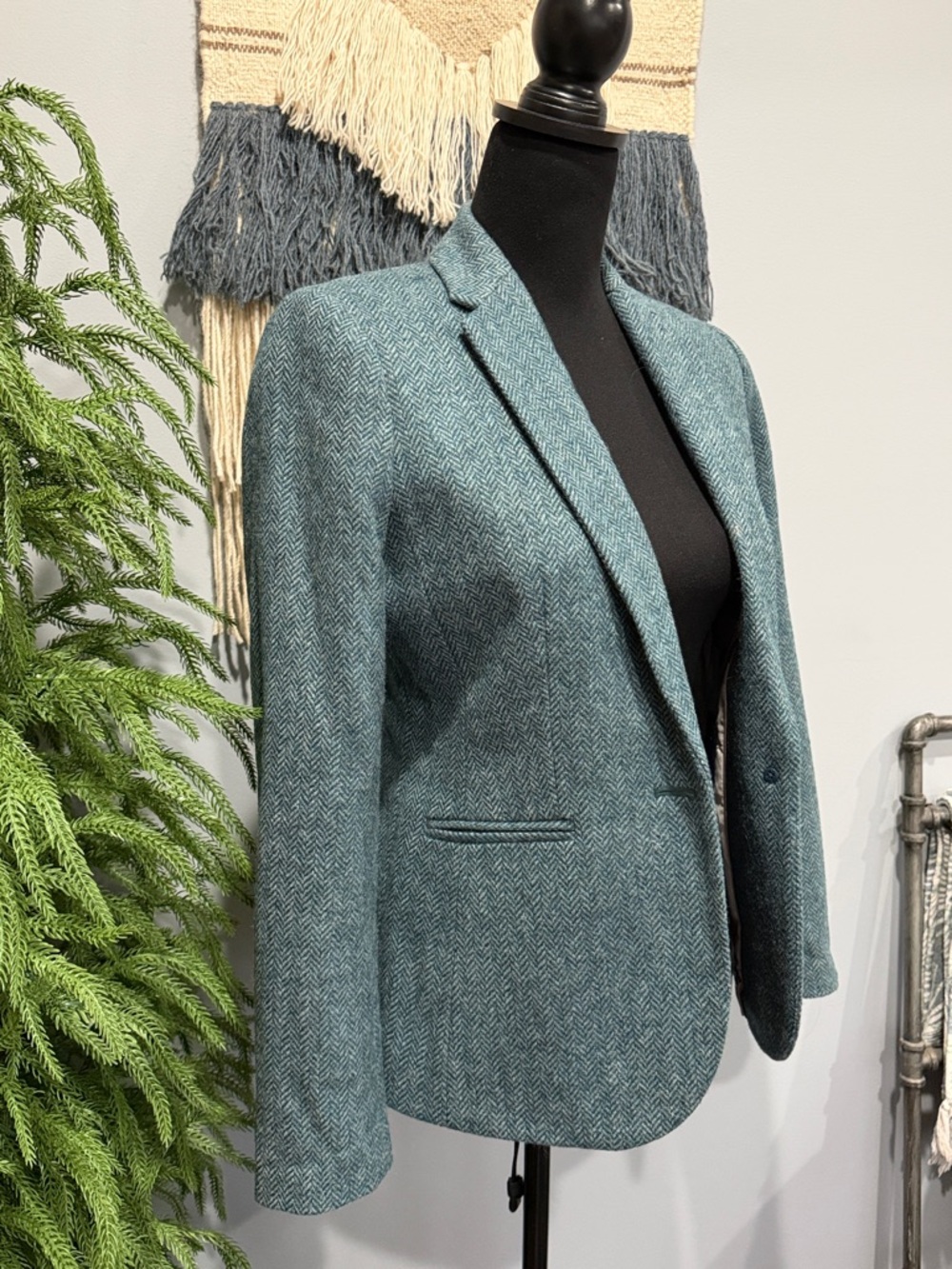 J.Crew Wool Blazer Moon England Tweed Teal Herringbone Tailored Jacket Size 2 - Picture 2 of 10